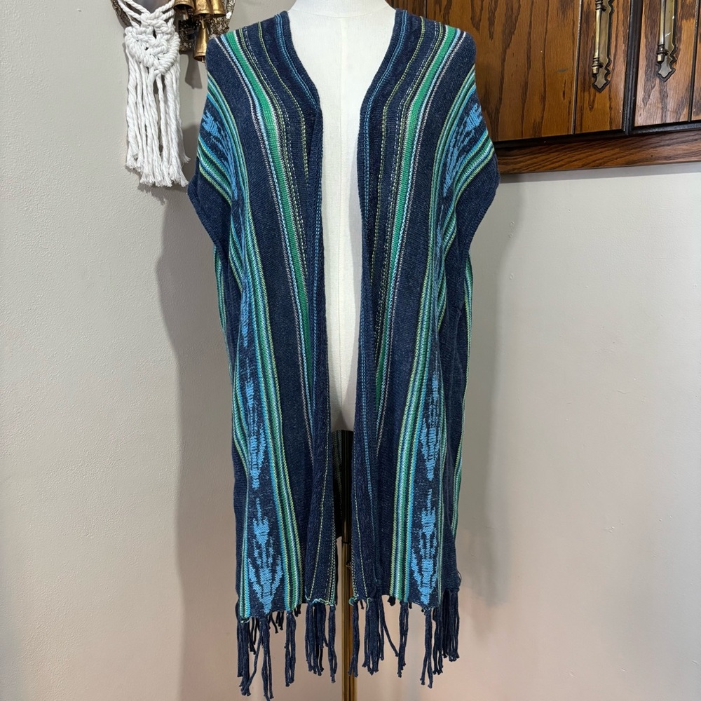 CHAPS Vtg Long Open Front Cardigan crochet knit Vest Size Medium blue green